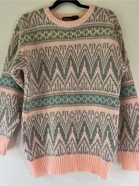 Pastel Pink Patterned Vintage Crewneck Sweater with Mint & Gray Accents Medium